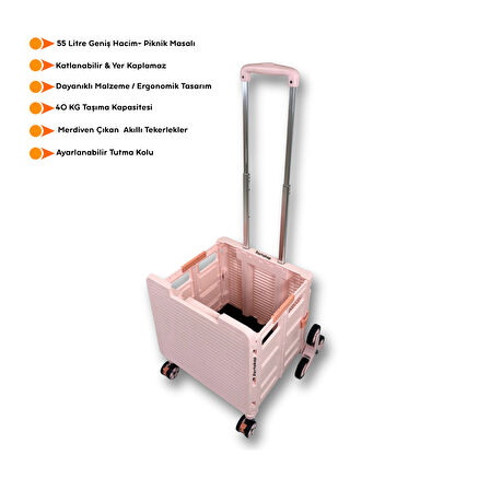 Portakap Piknik Masalı, 8 Tekerlekli, 55 Litre Pembe Katlanır Alışveriş Arabası - Merdiven Çıkan