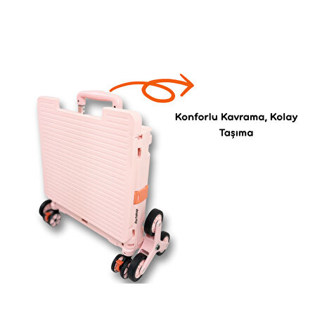 Portakap Piknik Masalı, 8 Tekerlekli, 55 Litre Pembe Katlanır Alışveriş Arabası - Merdiven Çıkan