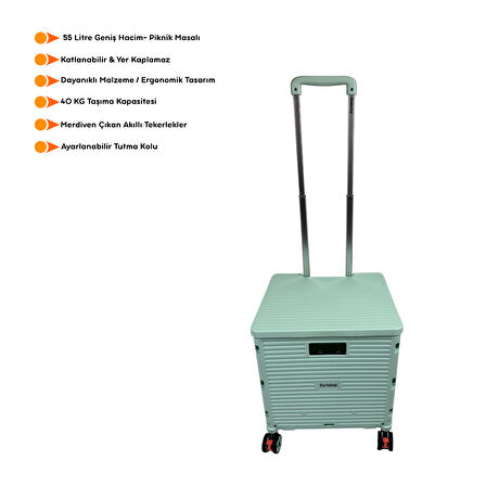 Portakap Piknik Masalı, 8 Tekerlekli, 55 Litre Yeşil Katlanır Alışveriş Arabası - Merdiven Çıkan