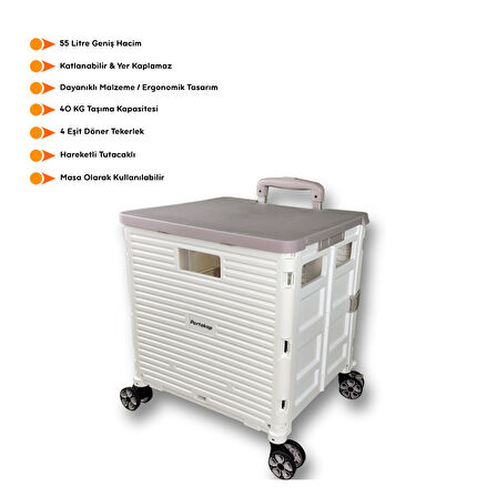 Portakap 4 Tekerlekli, 55 Litre Beyaz ve Kahverengi Katlanır Alışveriş Arabası - Hareketli Tutacaklı