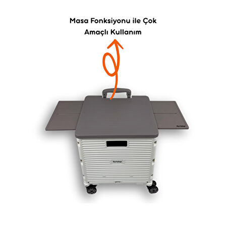 Portakap 4 Tekerlekli, 55 Litre Beyaz ve Kahverengi Katlanır Alışveriş Arabası - Hareketli Tutacaklı