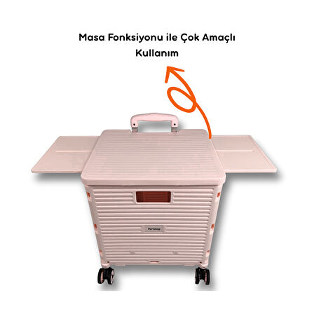 Portakap 4 Tekerlekli, 55 Litre Pembe Katlanır Alışveriş Arabası - Hareketli Tutacaklı, Piknik Masalı