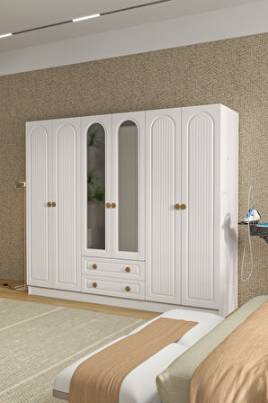 BOHEM 6 KAPAK 2 ÇEKMECELİ AYNALI GARDIROP MDF KAPAK