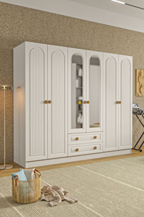 BOHEM 6 KAPAK 2 ÇEKMECELİ AYNALI GARDIROP MDF KAPAK