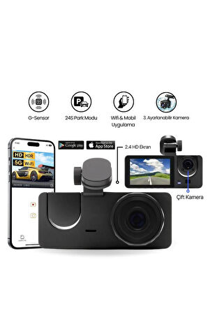 Araç İçi Wi-fi Kamera HD 3 Kameralı 7/24 Kayıt G-sensör Mobil Uygulama İle Canlı Takip Black Box