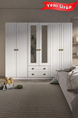 BOHEM 6 KAPAK 2 ÇEKMECE AYNALI GARDIROP MDF KAPAK