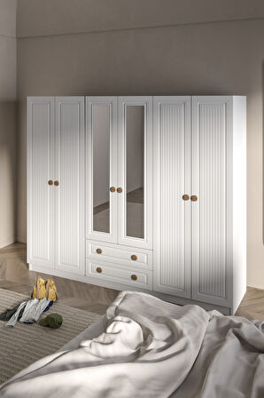 BOHEM 6 KAPAK 2 ÇEKMECE AYNALI GARDIROP MDF KAPAK