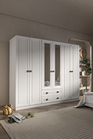 BOHEM 6 KAPAK 2 ÇEKMECE AYNALI GARDIROP MDF KAPAK