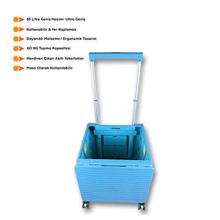 Portakap Ultra Geniş, 8 Tekerlekli, 85 Lt Mavi Katlanır Alışveriş Arabası - Merdiven Çıkan, USB Port Girişli ve Bardak Tutuculu