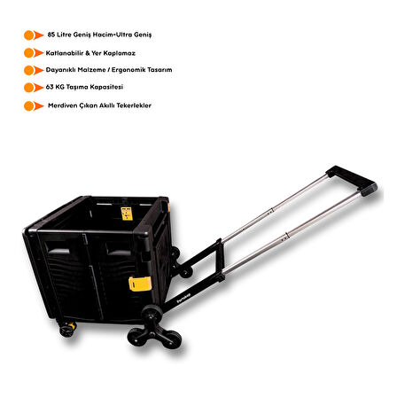Portakap Ultra Geniş, 8 Tekerlekli, 85 Lt Siyah Katlanır Alışveriş Arabası - Merdiven Çıkan, USB Port Girişli ve Bardak Tutuculu