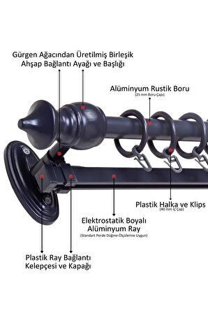 Ahşap Başlıklı Raylı Eko Rustik Perde Askısı (Alüminyum Boru) Plastik Halka ve Klips 