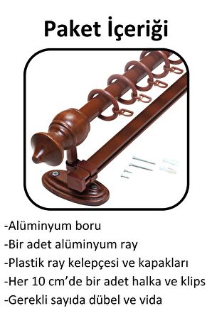 Ahşap Başlıklı Raylı Eko Rustik Perde Askısı (Alüminyum Boru) Plastik Halka ve Klips 