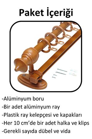 Ahşap Başlıklı Raylı Eko Rustik Perde Askısı (Alüminyum Boru) Plastik Halka ve Klips 