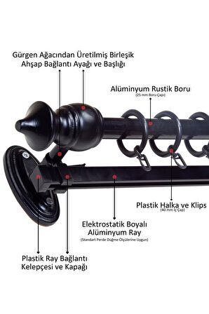 Ahşap Başlıklı Raylı Eko Rustik Perde Askısı (Alüminyum Boru) Plastik Halka ve Klips 