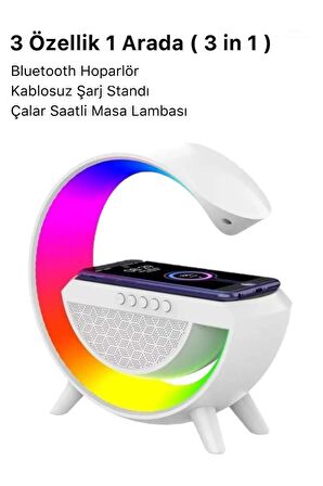 Led Işıklı Bluetooth Hoparlör Kablosuz Şarj Radyolu Müzik Çalar Saatli Telefon Standı 3in1 Speaker