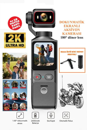 2K Aksiyon Kamera 180° Döner Lens | Gece Görüşü, Stabil Çekim, Vlog Kamera Dokunmatik LCD Ekranlı