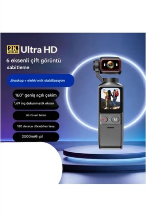 2K Aksiyon Kamera 180° Döner Lens | Gece Görüşü, Stabil Çekim, Vlog Kamera Dokunmatik LCD Ekranlı