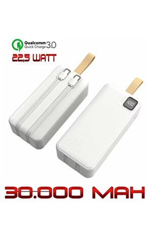 Powerbank 30.000 mAh 22,5 Watt PD Qualcoom Fast Hızlı Şarj Dahili Kablolu Powerbank