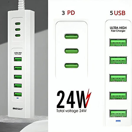 Onesam U04 24W Ultra Hızlı Masa Üstü Şarj Adaptörü 5 USB + 3 TYPE-C 