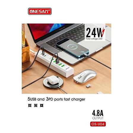 Onesam U04 24W Ultra Hızlı Masa Üstü Şarj Adaptörü 5 USB + 3 TYPE-C 