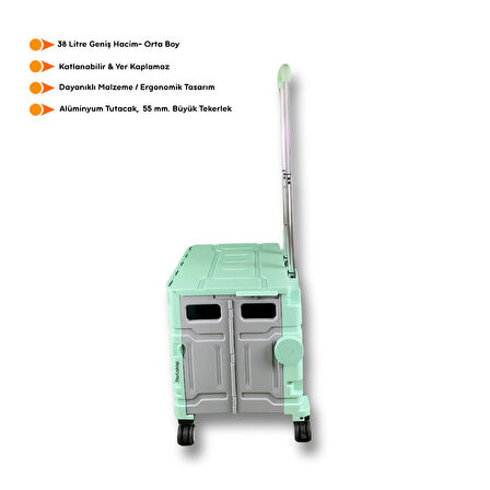 Portakap 4 Tekerlekli Yeşil, 38L Orta Boy, Hareketli Alüminyum Tutacaklı Alışveriş Arabası - 55mm. Büyük Tekerlekli