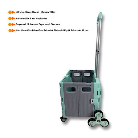 Portakap 8 Tekerlekli, Yeşil, 32L Standart Boy, Sabit Tutacaklı Alışveriş Arabası