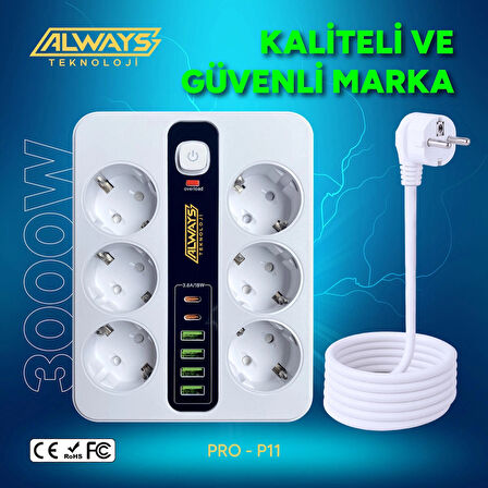 3000W Akım Korumalı 4 USB'li ve 2 TYPE-C li 6'lı Grup Priz 2 m Uzatma Kablosu Beyaz