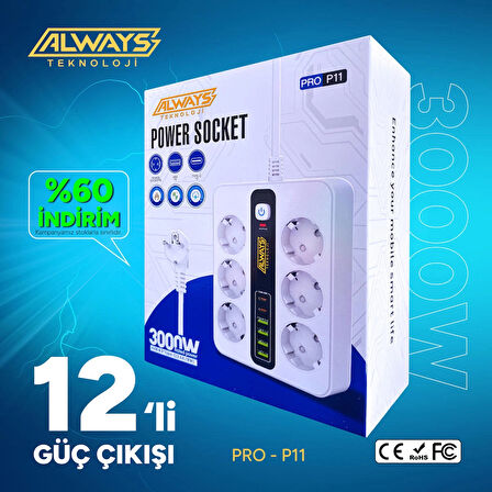 3000W Akım Korumalı 4 USB'li ve 2 TYPE-C li 6'lı Grup Priz 2 m Uzatma Kablosu Beyaz