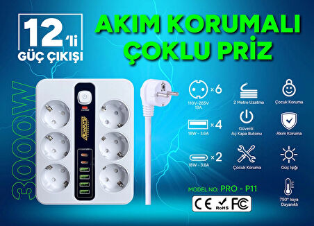 3000W Akım Korumalı 4 USB'li ve 2 TYPE-C li 6'lı Grup Priz 2 m Uzatma Kablosu Beyaz
