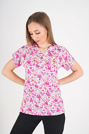 Unisex Pembe Prenses Desenli Likralı Scrubs Hemşire Doktor Hastane Üst Üniforması