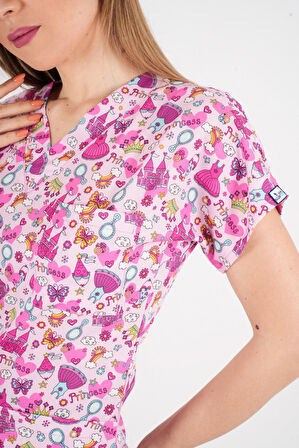 Unisex Pembe Prenses Desenli Likralı Scrubs Hemşire Doktor Hastane Üst Üniforması