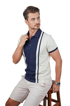 Bej Lacivert Çift Renkli Polo Tişört