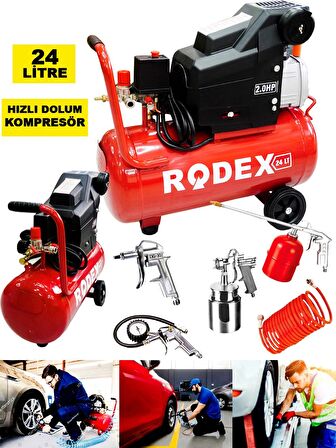 Germany Style Rodex 24 litre Pistonlu Yağlı Hava Kompresörü 2 Hp 5 Parça Havalı Setli