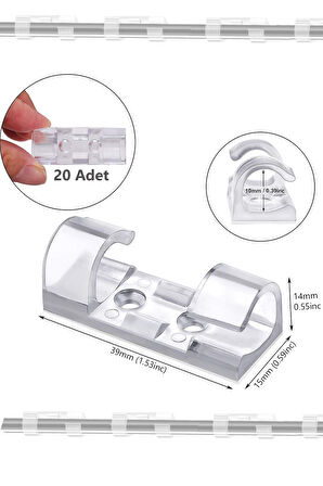Kablo Düzenleyici Toplayıcı Klips Şeffaf Usb Kablo 20 Adet Kablo Sabitleme Aparatı Duvara Yapışkanlı