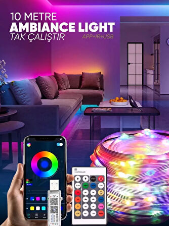 10 Metre Rgb Ses Kontrollü Kumandalı Telefon Kontrollü Kayar Magic Led Müzik Rgb Şerit Su Geçirmez