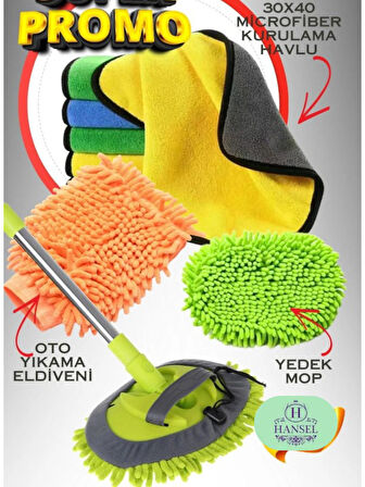 Araba Yıkama Fırçası Oto Yıkama Seti Mop Mikrofiber Bezli Teleskopik Saplı 1 Yedek Bez Hediyeli