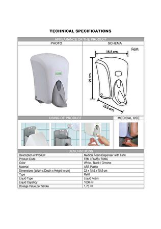 Vialli F6M Hazneli Medikal Köpük Sabun Dispenseri Aparatı 1000 ml Beyaz