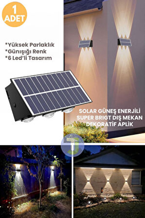 1 Adet 6 Ledli Güneş Enerjili Bahçe Aydınlatması Aplik Sarı Işık Led Solar Güneş Enerjili Lamba 1 Ad