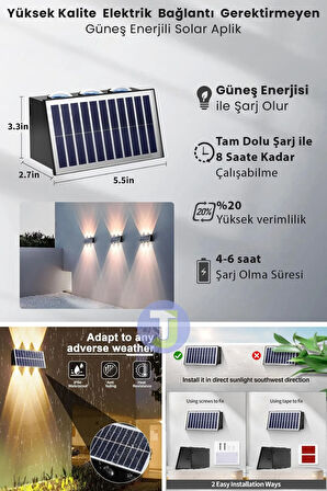 1 Adet 6 Ledli Güneş Enerjili Bahçe Aydınlatması Aplik Sarı Işık Led Solar Güneş Enerjili Lamba 1 Ad