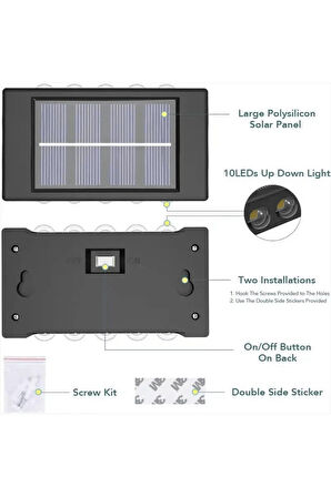 Güneş Enerjili Çift Taraflı 10 Ledli 2 Adet Solar Enerjili Aplik Led Dekoratif Teras Bahçe Varanda