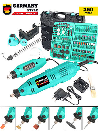 Germany Style 350 Parça Çift Makineli Devir Ayarlı 450 Watt Esnek Gravür Makinesi Şaftlı
