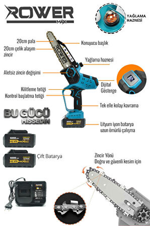 Rowermax Alman 99880VFX 6000 mAH Dijital Gösterge Otomatik Yağlamalı  Şarjlı El Testeresi Ağaç Odun 