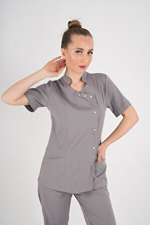 Aylu Model Soft Likra Gri Doktor Hemşire Hastane Scrubs Üniforma Takımı
