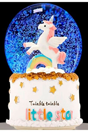 Işıklı Müzikli Hediye Unicorn Gökkuşağı Little Star Unicorn Kar Küresi Orta Boy Işıklı Müzikli 12 Cm