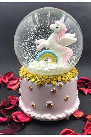 Işıklı Müzikli Hediye Unicorn Gökkuşağı Little Star Unicorn Kar Küresi Orta Boy Işıklı Müzikli 12 Cm