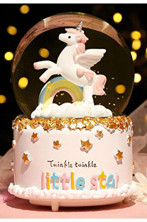 Işıklı Müzikli Hediye Unicorn Gökkuşağı Little Star Unicorn Kar Küresi Orta Boy Işıklı Müzikli 12 Cm