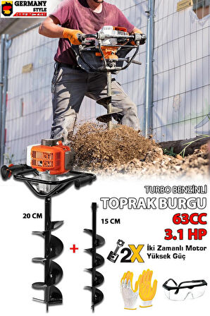 GERMANYSTYLE GRMPRO630 3.1 HP 63 cc Turbo Benzinli Toprak Burgu Makinesi Çift Uçlu 20 cm +15 cm