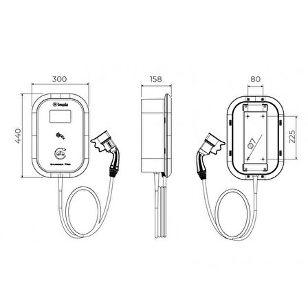 Bemis 22kW Trifaze Araç Şarj Cihazı 5 mt Kablolu Ekransız Kablo Ucu Prizli Model 1 Charger Plus BEV-