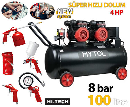 ROWERMAX Mytol 100 Litre 8 Bar Süper Hızlı Dolum 5 Li Havalı Setli Hava Kompresörü 4 HP Siyah