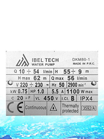 Germany Style  İbeltech DKM-80-1 0.75 KW  Gerçek  1 HP 1" Bakır Sargılı Paket Hidrofor Sistem Su Pom